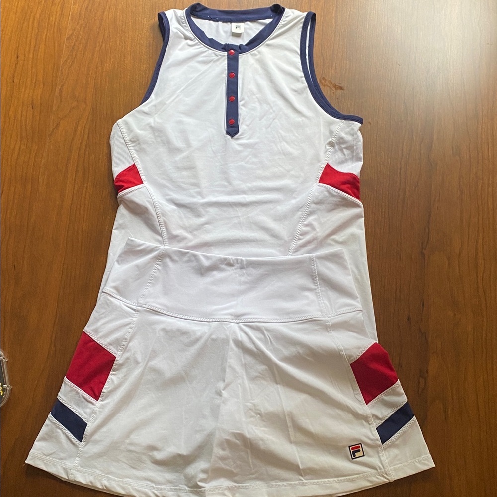 Fila tennis top and skirt.  White with red and blue accents,  size small.